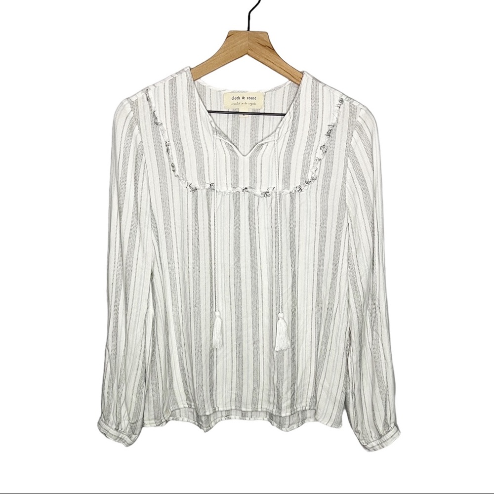 Cloth & Stone Long Sleeve Striped Fringe Tie Tassel Top S